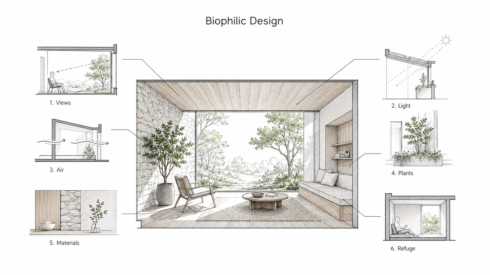 Architectural diagram of a biophilic interior showing views, daylight, airflow, plants, natural materials, and refuge.