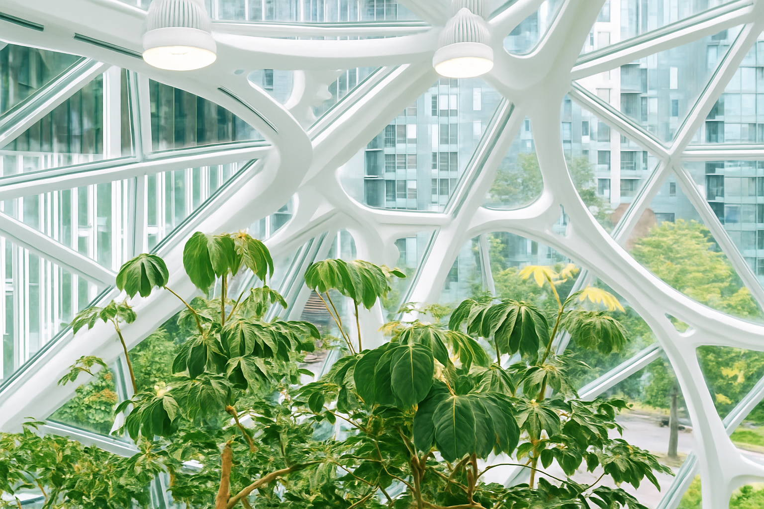 Tree integrated inside a modern glass building in Seattle.