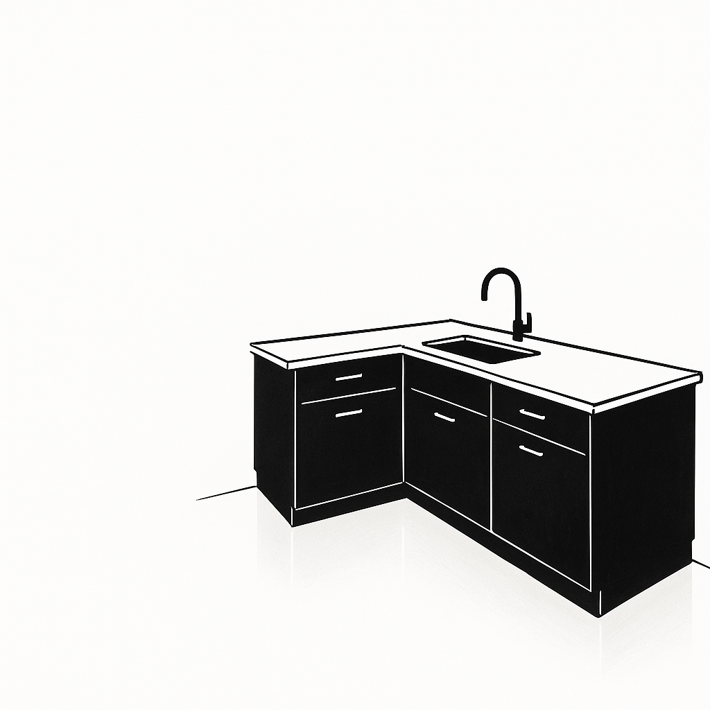 Minimal sketch of a modern kitchen corner with dark black cabinets and white countertop.