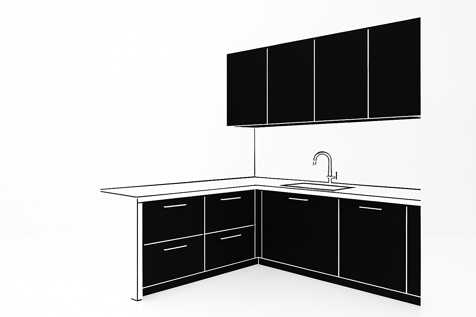 Modern black cabinets with white countertops.