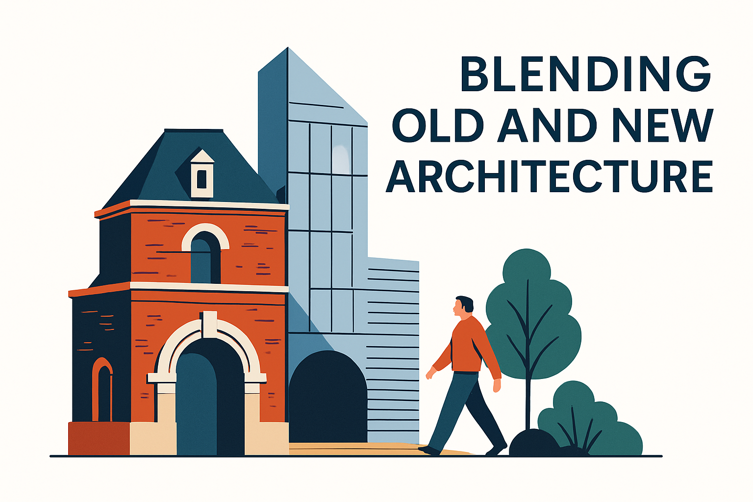 Showing contrast between traditional brick building and modern glass structure.
