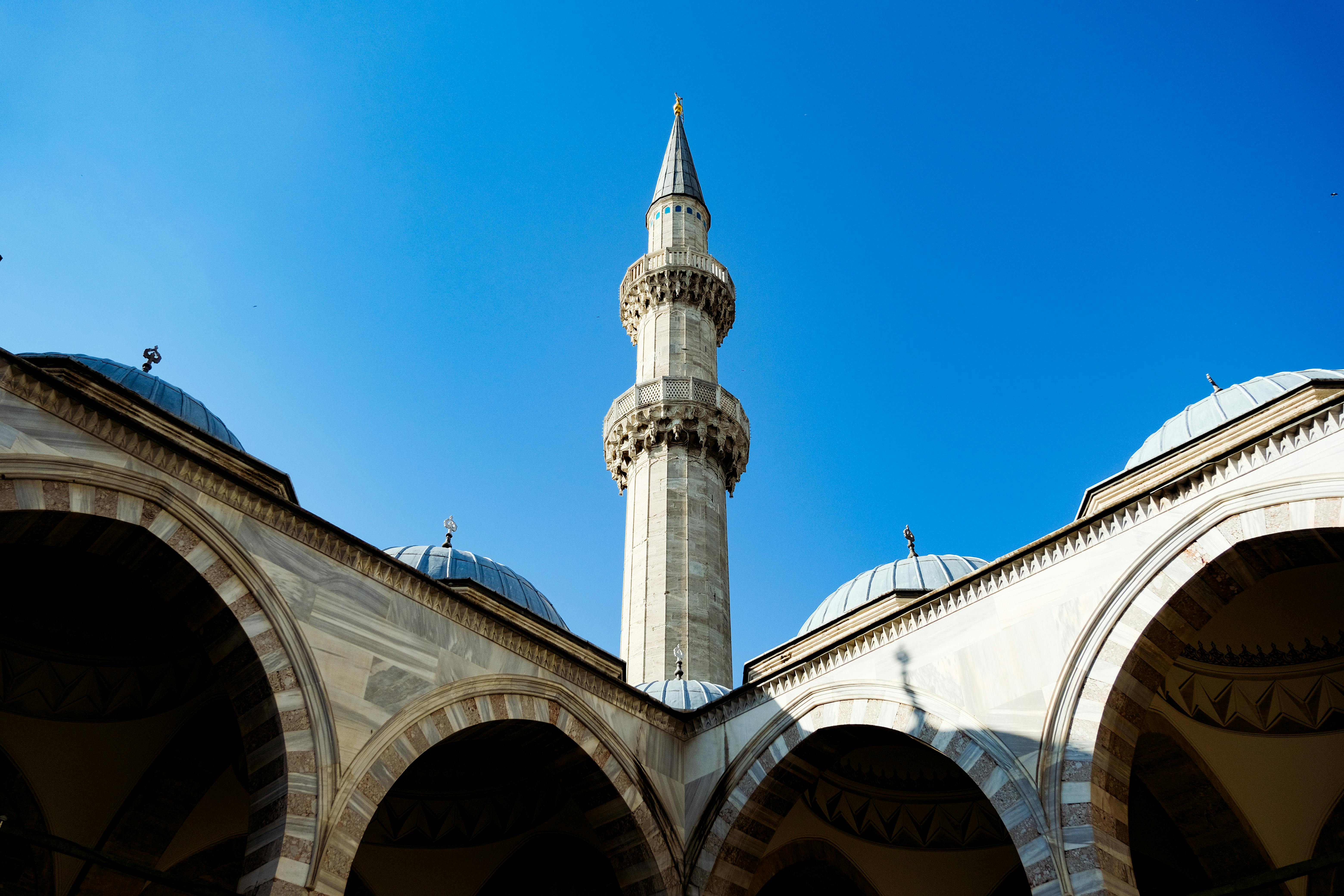 One of the minarets of the Blue Mosque in Istanbul, Turkey.