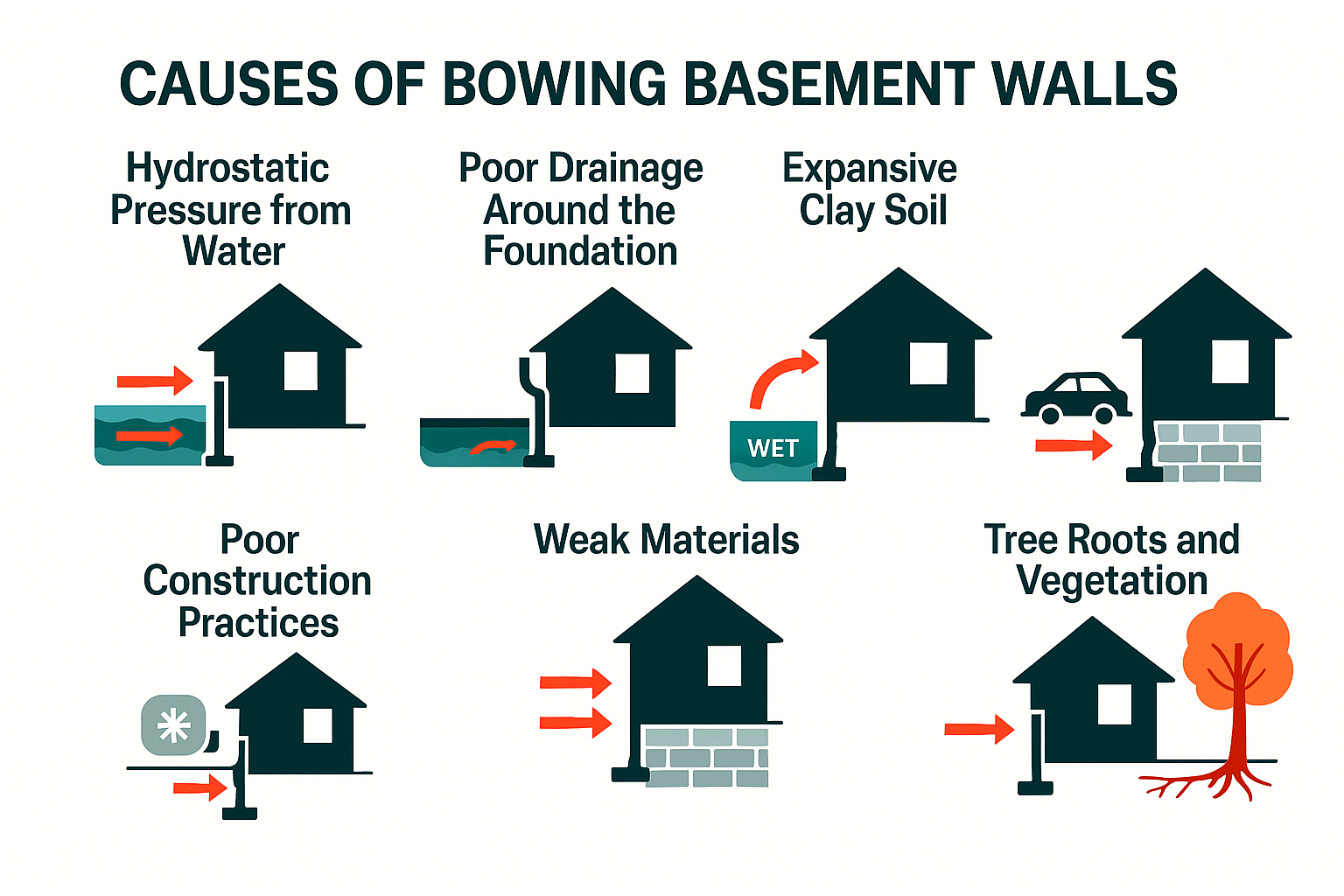 Diagram showing main causes of bowing basement walls including water pressure, poor drainage, soil, and roots.