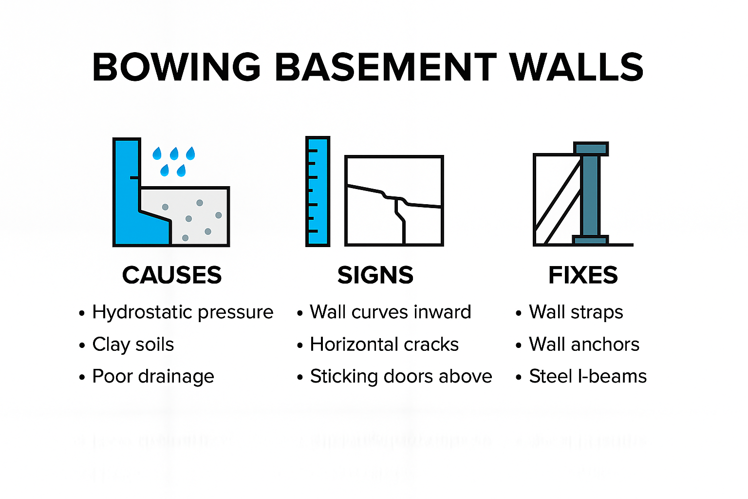 Diagram showing causes, signs, and fixes for bowing basement walls.