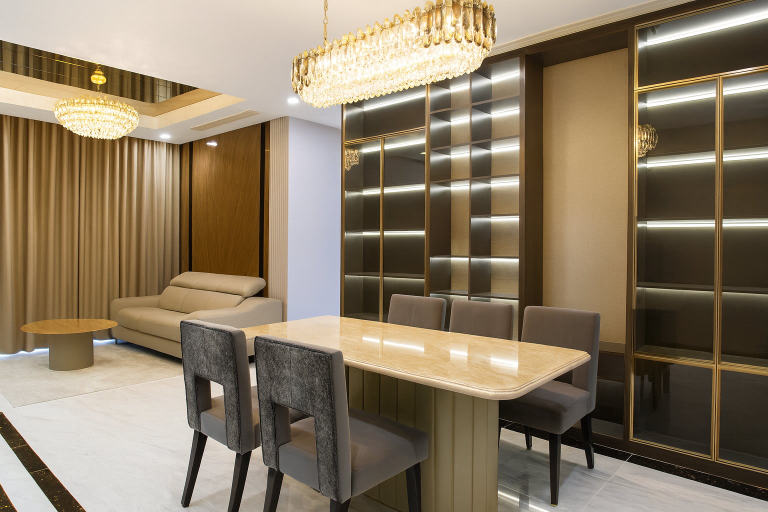 Living room and dining space with layered brown shades, wood, and modern décor elements.