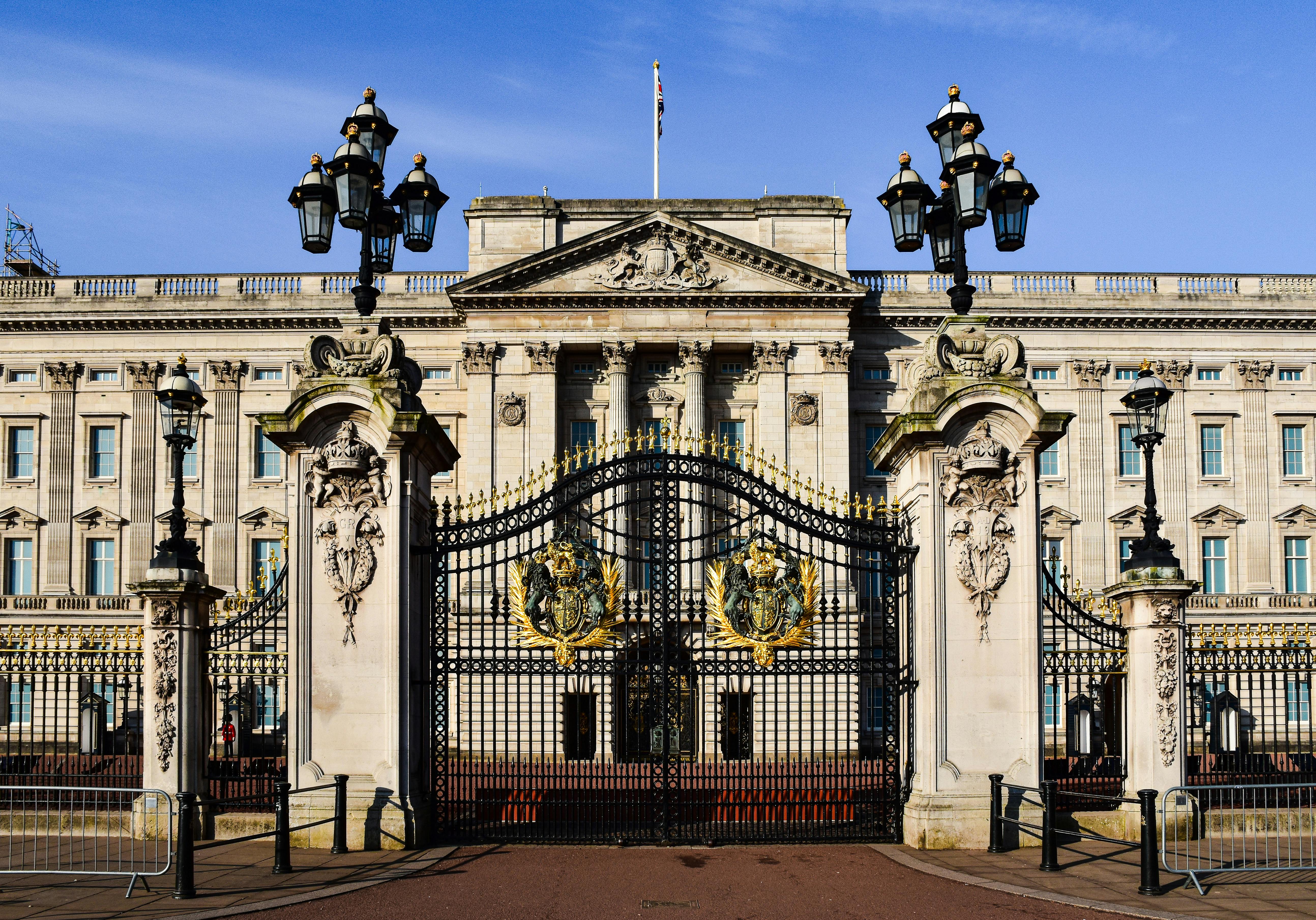 Powerful facade of Buckingham Palace in London.