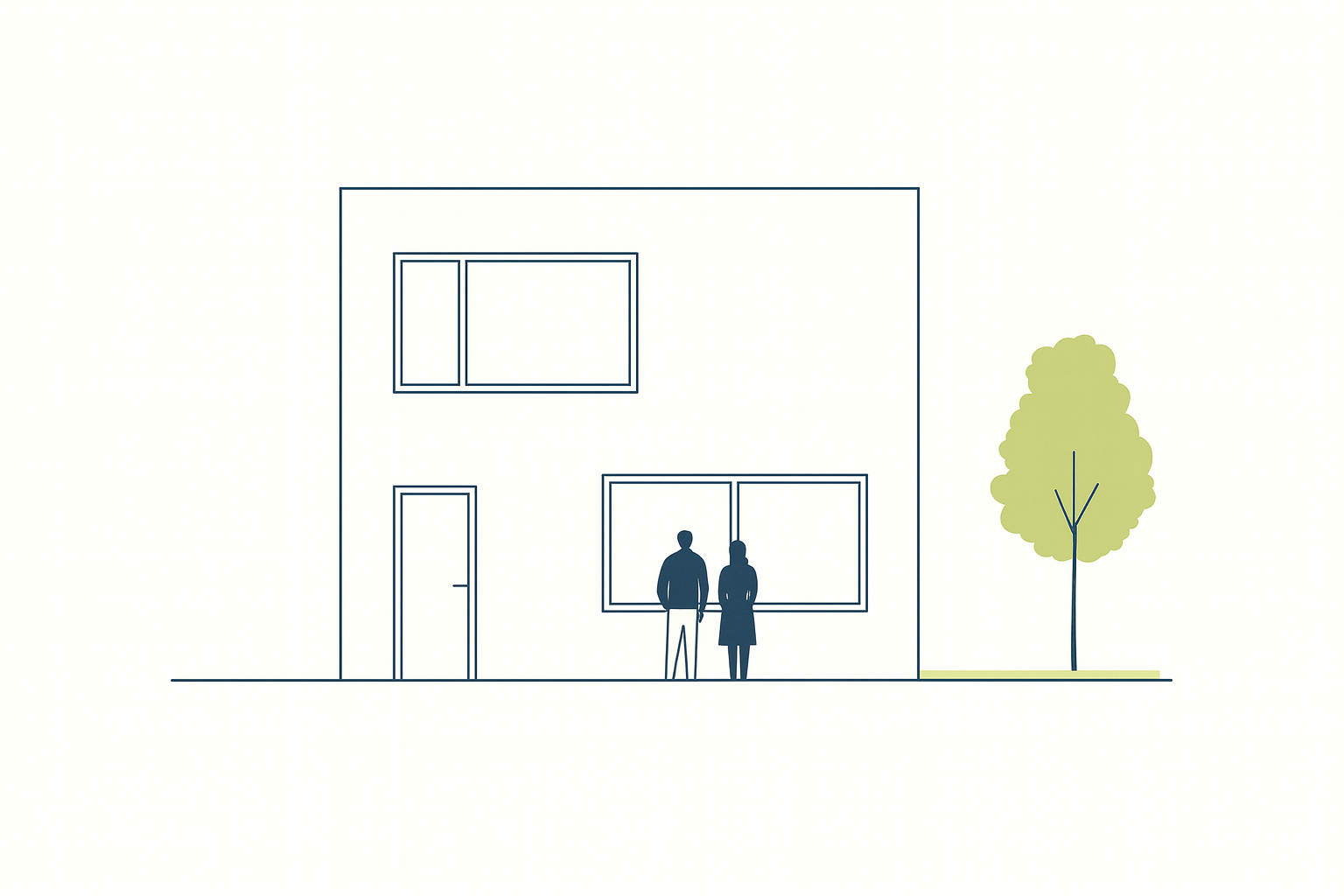 Architectural elevation of a modern two-story building with windows and tree.