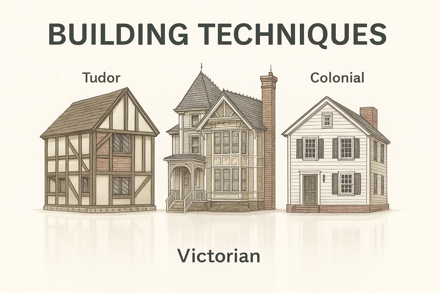 Architectural comparison of Tudor, Victorian, and Colonial houses.