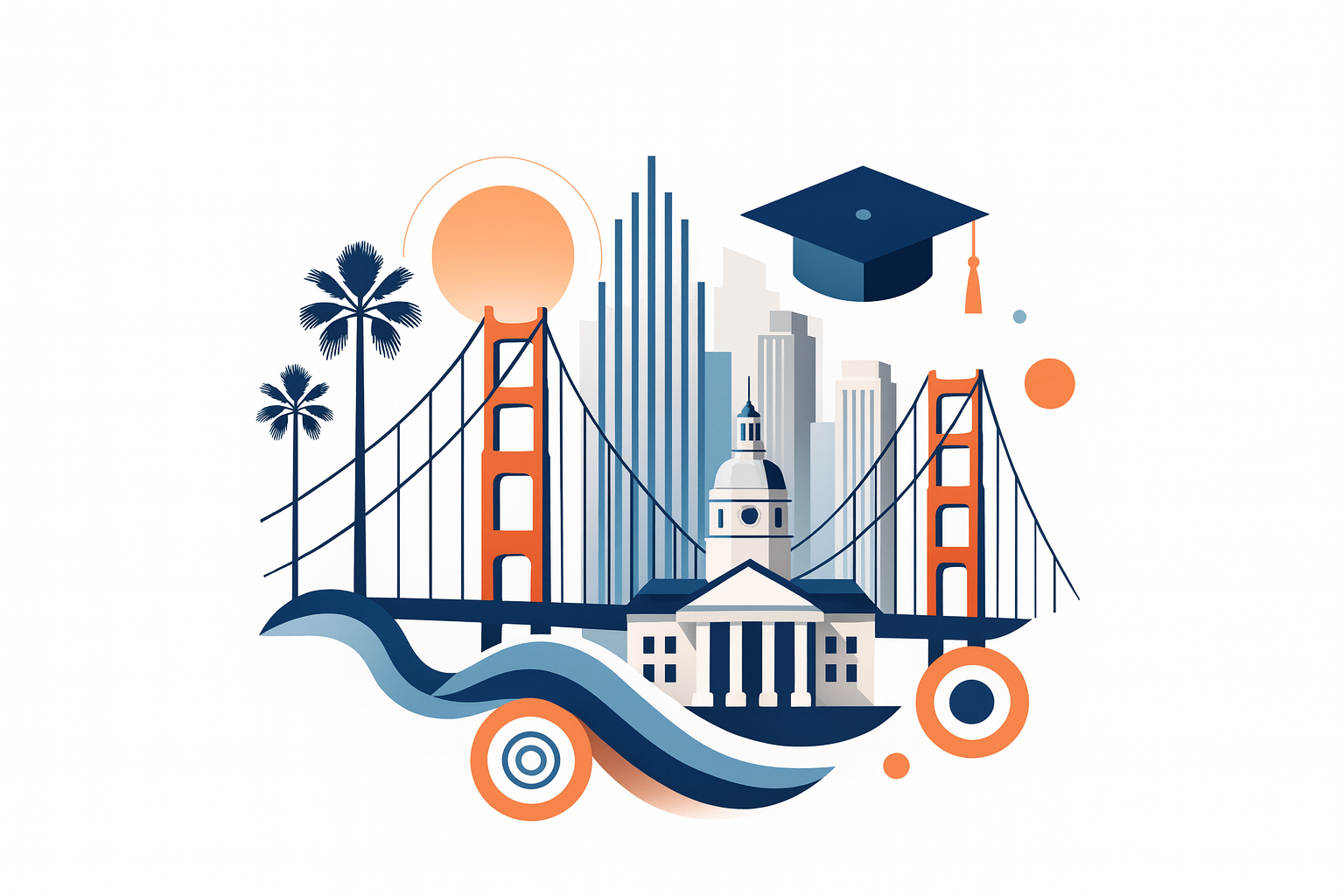 California skyline with bridge, capitol dome, and graduation cap.