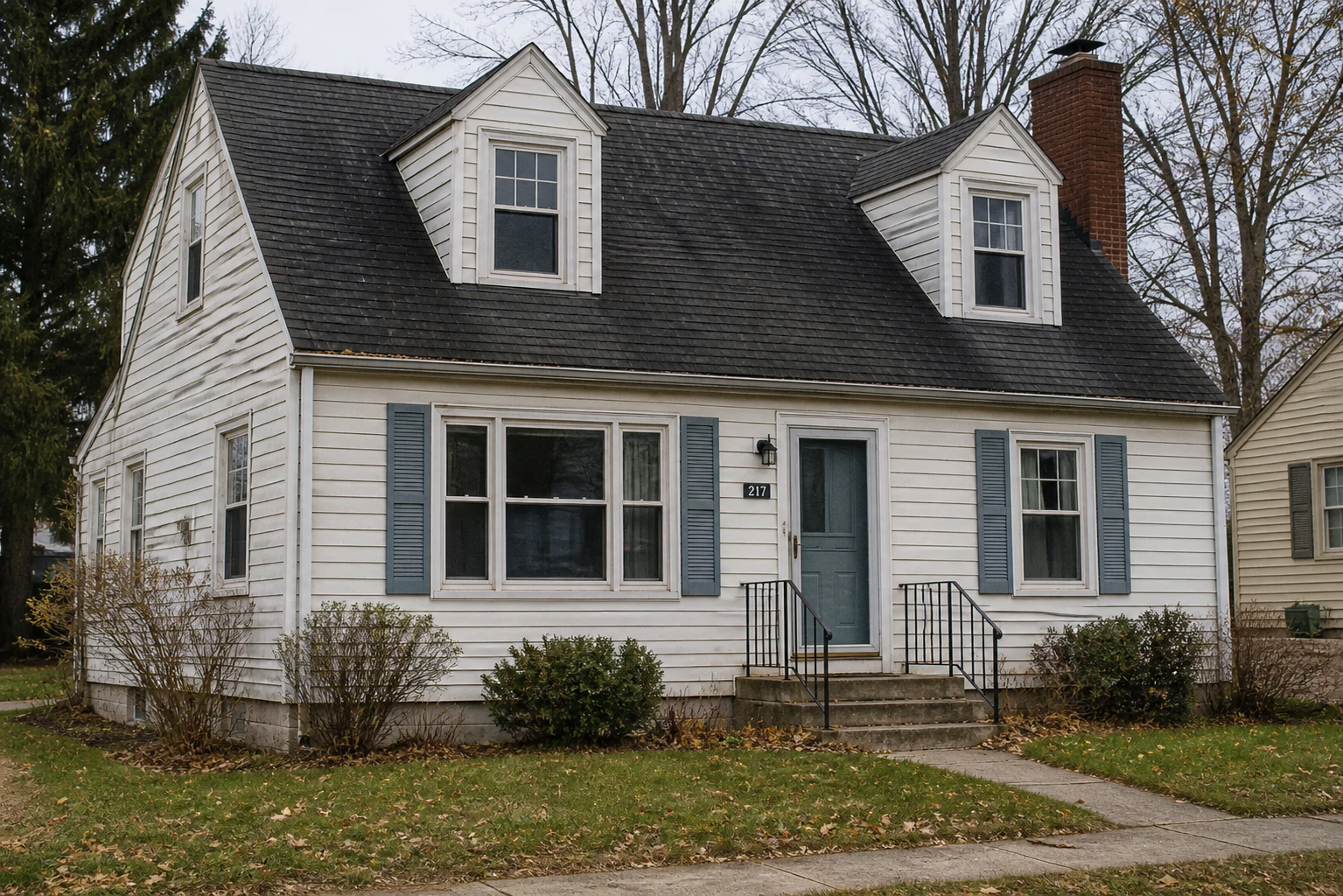 1950s Cape Cod home exterior with steep roof, dormer windows, white siding, blue shutters, and brick chimney.