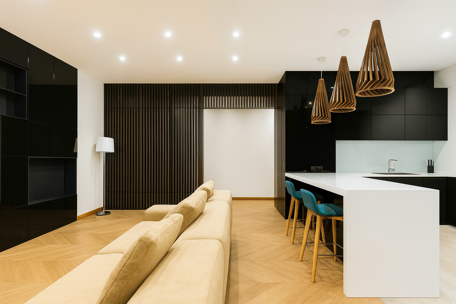 Chevron oak wood flooring with beige sofa and modern kitchen.