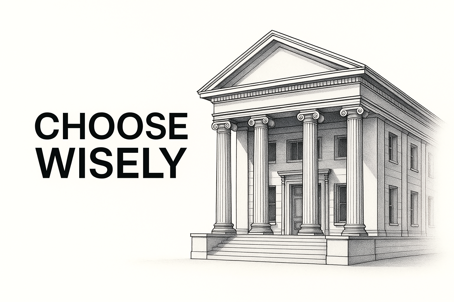Neoclassical school sketch with bold CHOOSE WISELY text.