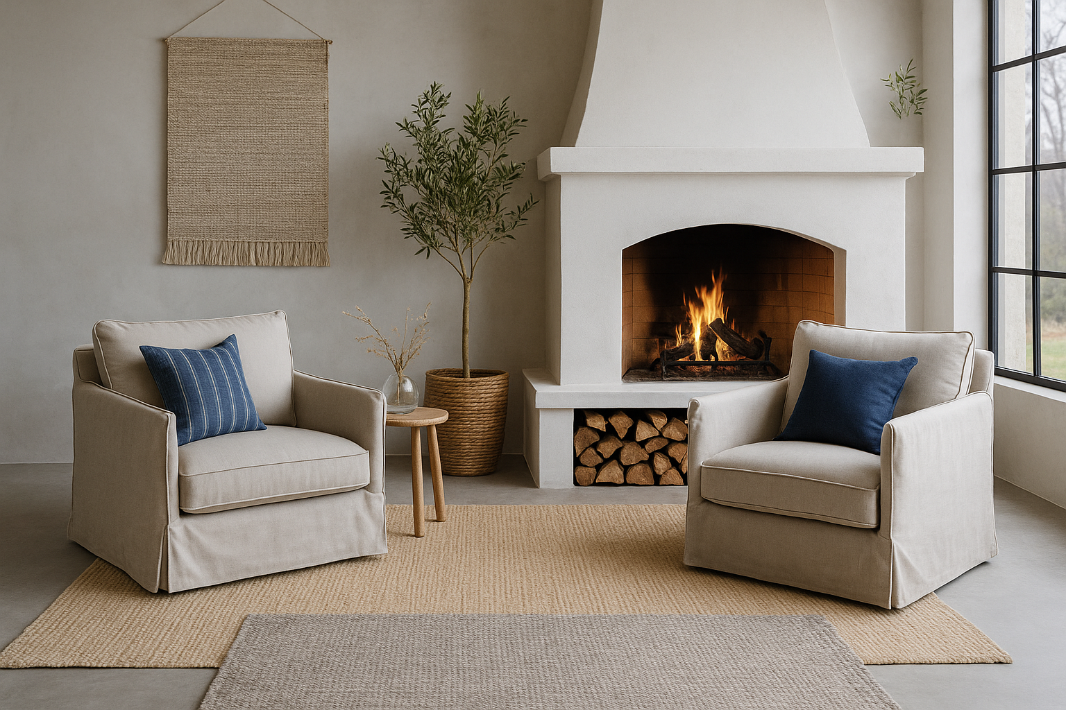 Coastal industrial living room with two beige armchairs, woven rug, and modern fireplace.