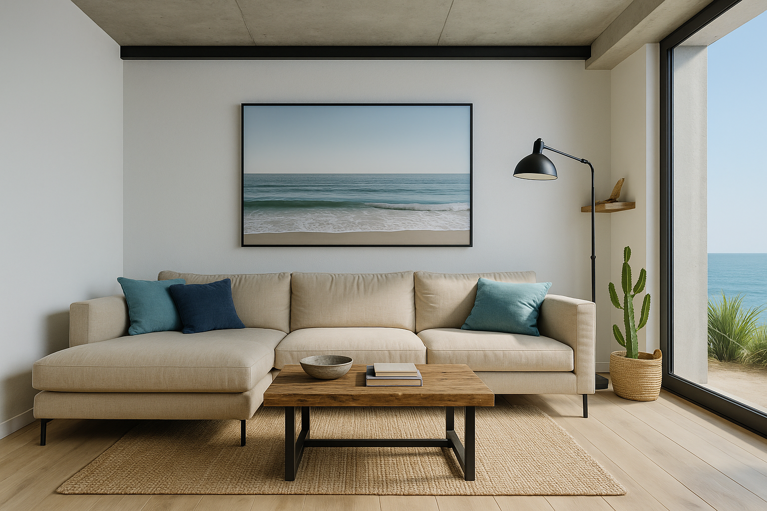 Modern coastal-industrial living room with sofa, rustic coffee table, and real ocean.
