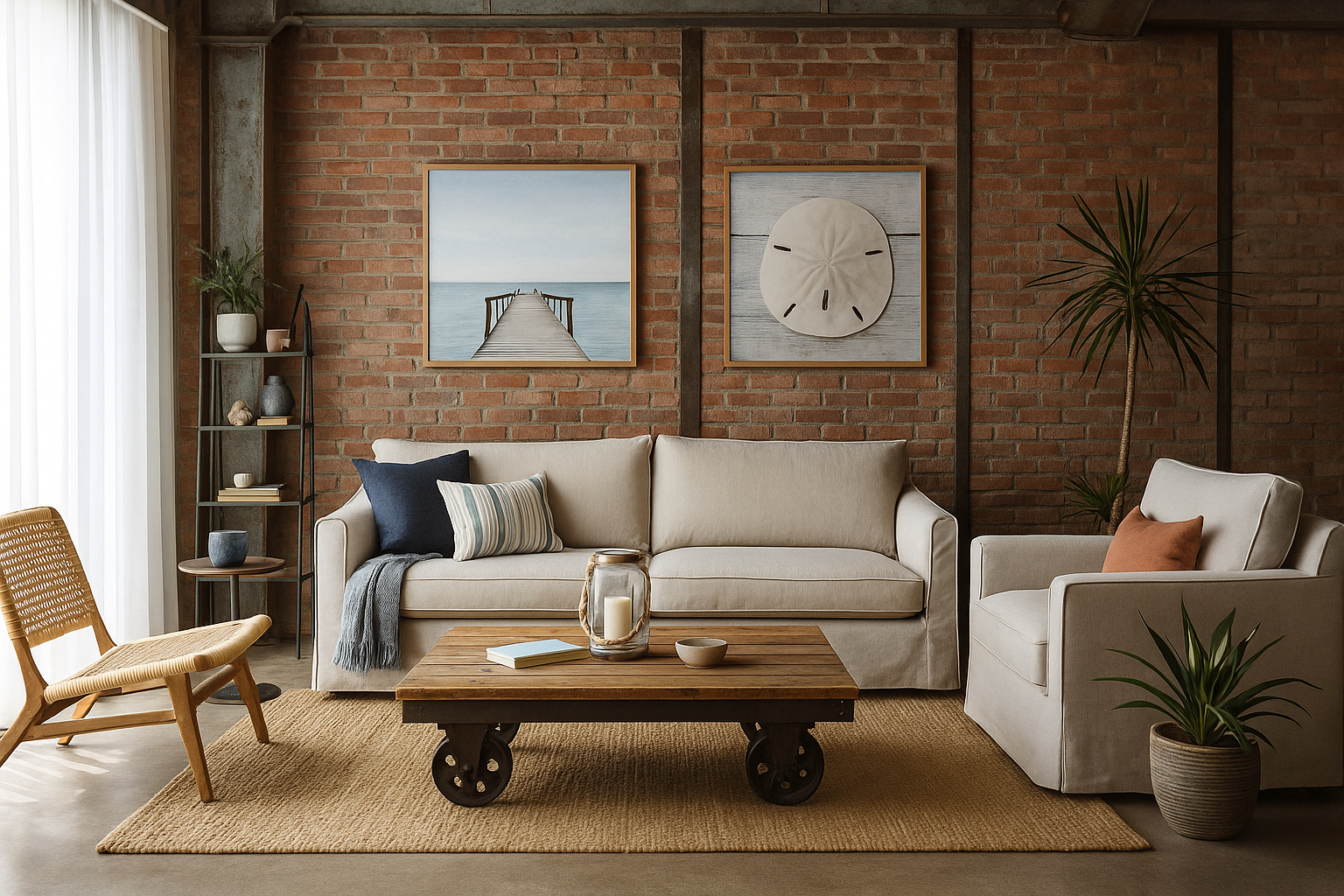 Coastal industrial living room with beige sofas, rustic coffee table, wicker chair, and brick wall.