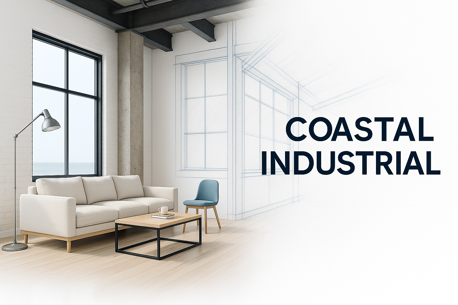 Open-concept loft interior blending exposed steel and brick with light coastal tones in glossy reflective style.