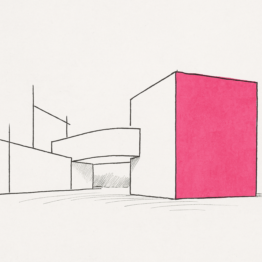 Architectural color study with white walls and one bold pink accent wall.