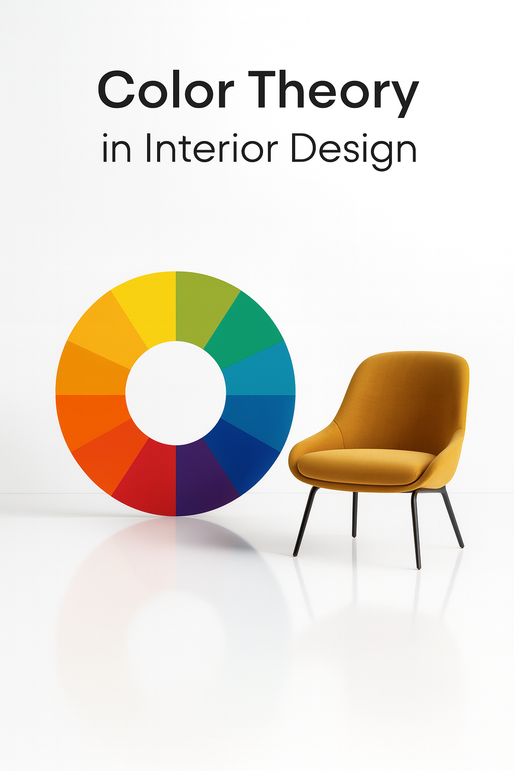 Modern color wheel with a minimalist chair on glossy white background for interior design color theory.