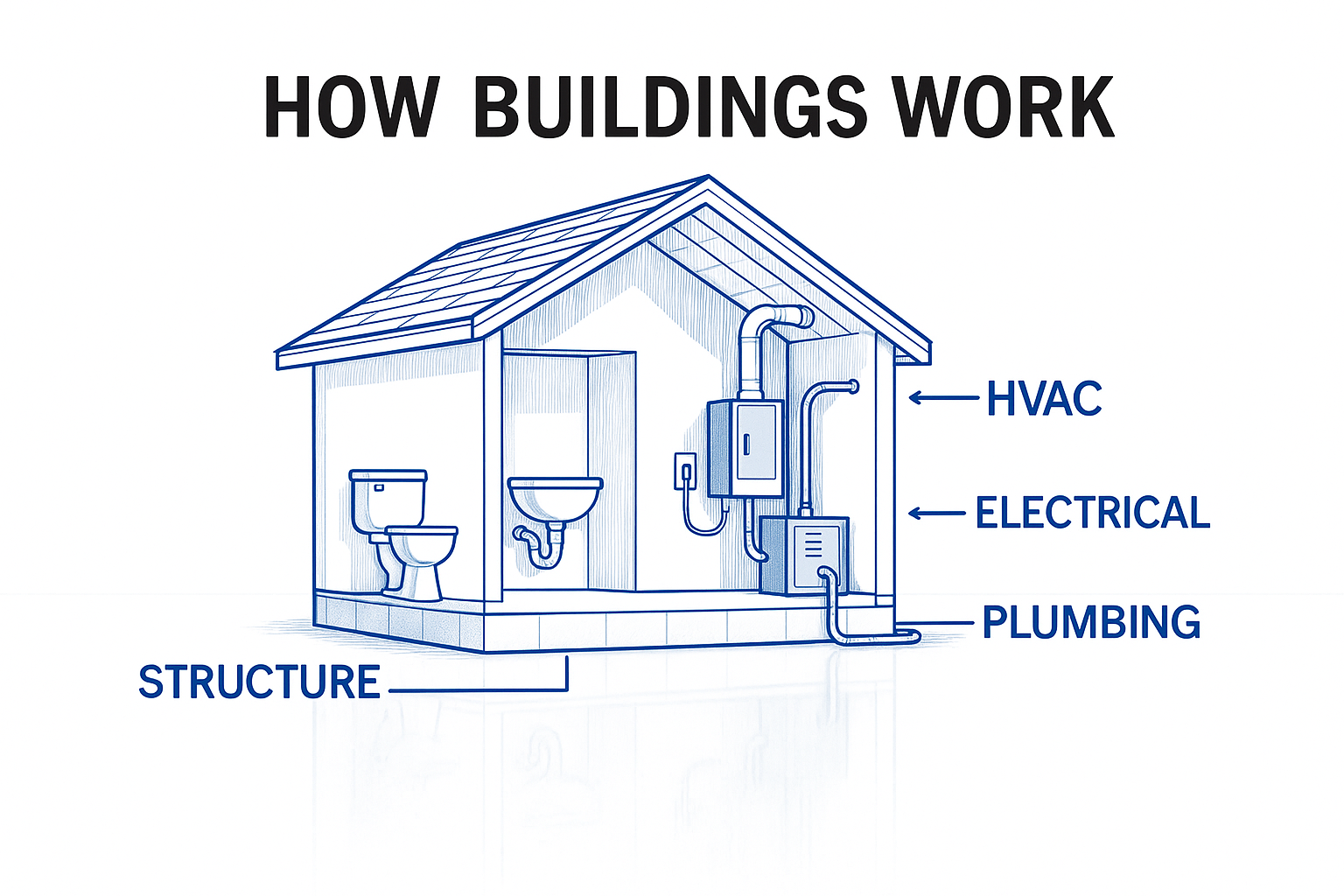 Sketch of a house cutaway showing structure, plumbing, electrical, and HVAC systems