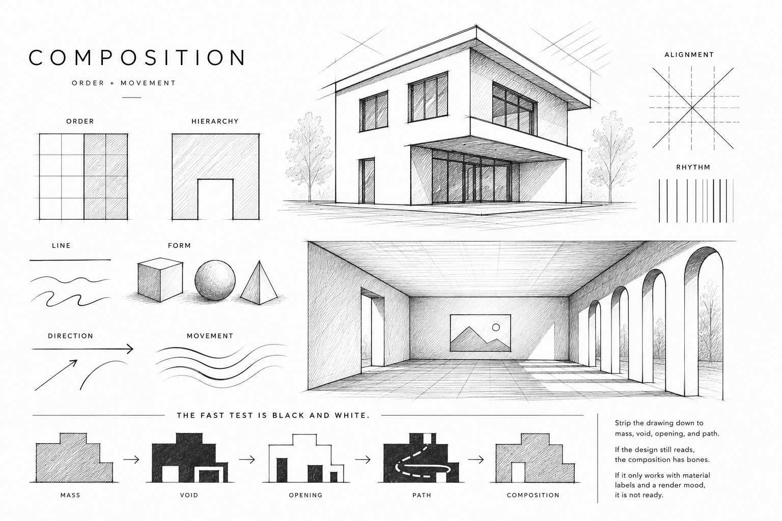 Architectural composition diagram showing order, hierarchy, line, form, direction, movement, mass, void, opening, path, and final composition.