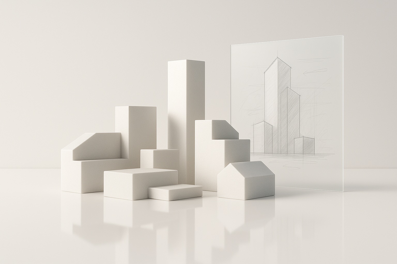 White massing blocks and glass sketch panel.