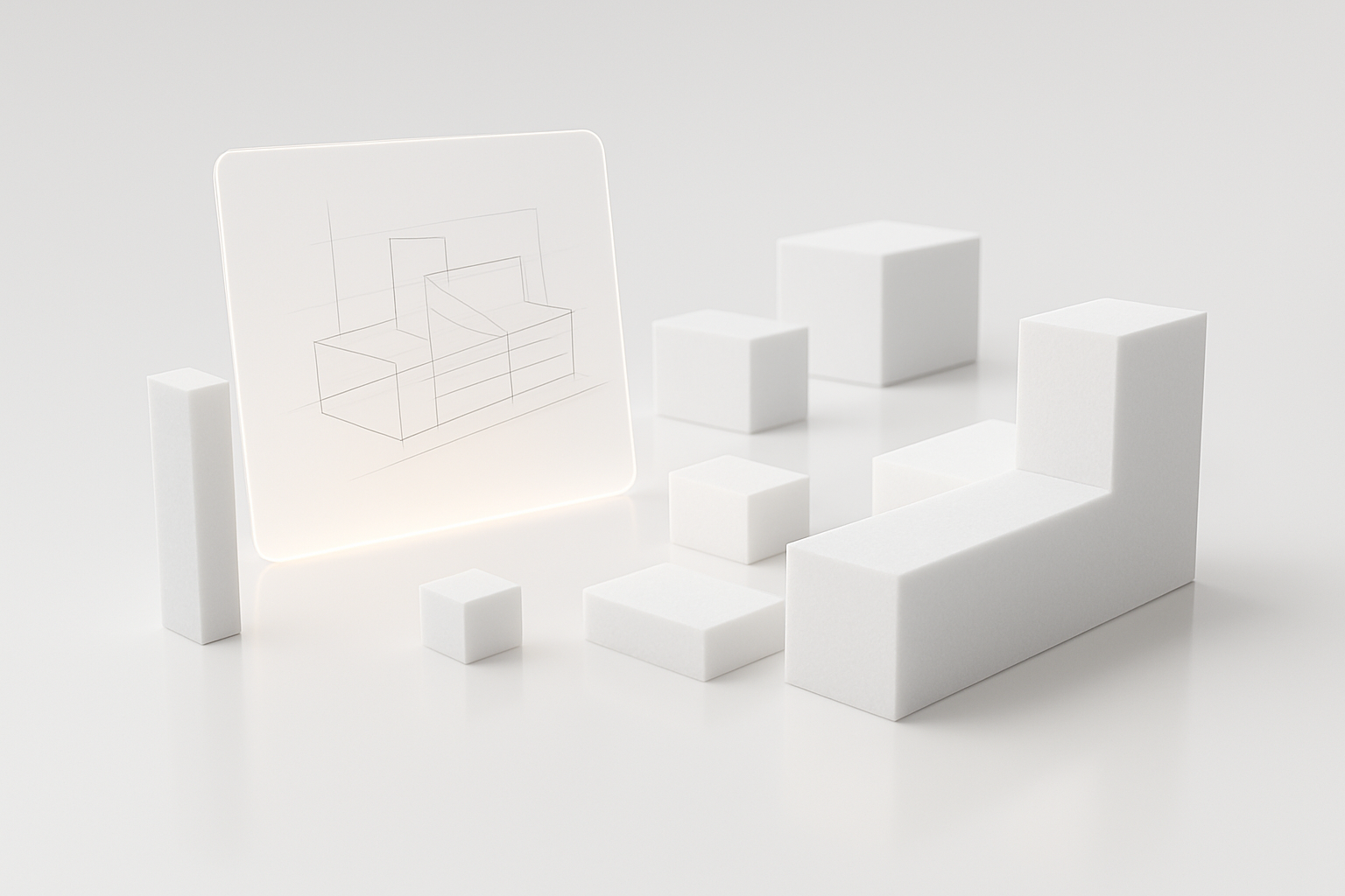 White foam massing blocks with sketch board.