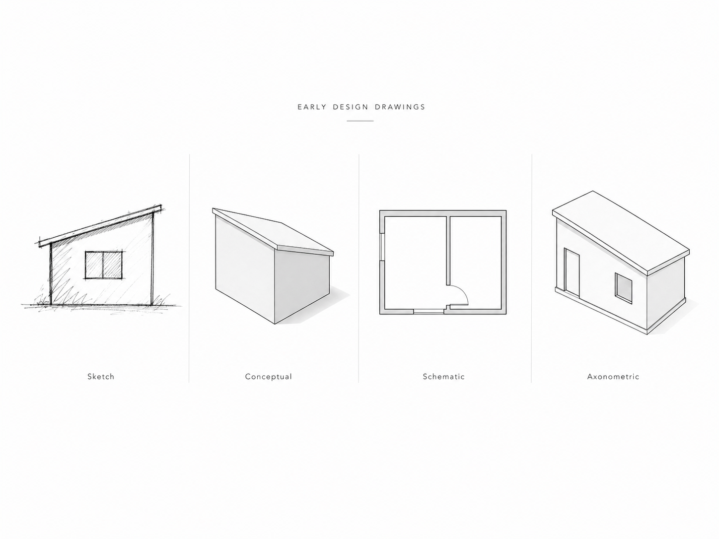 Four early architectural drawing types show a sketch, conceptual massing model, schematic floor plan, and axonometric view of a small shed-roof building.