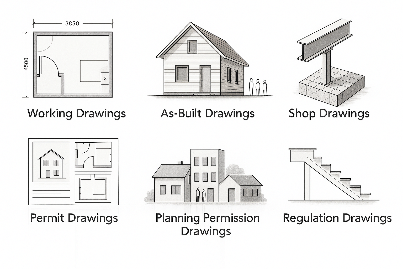 Six types of construction drawings including working, as-built, shop, permit, planning, and regulation.