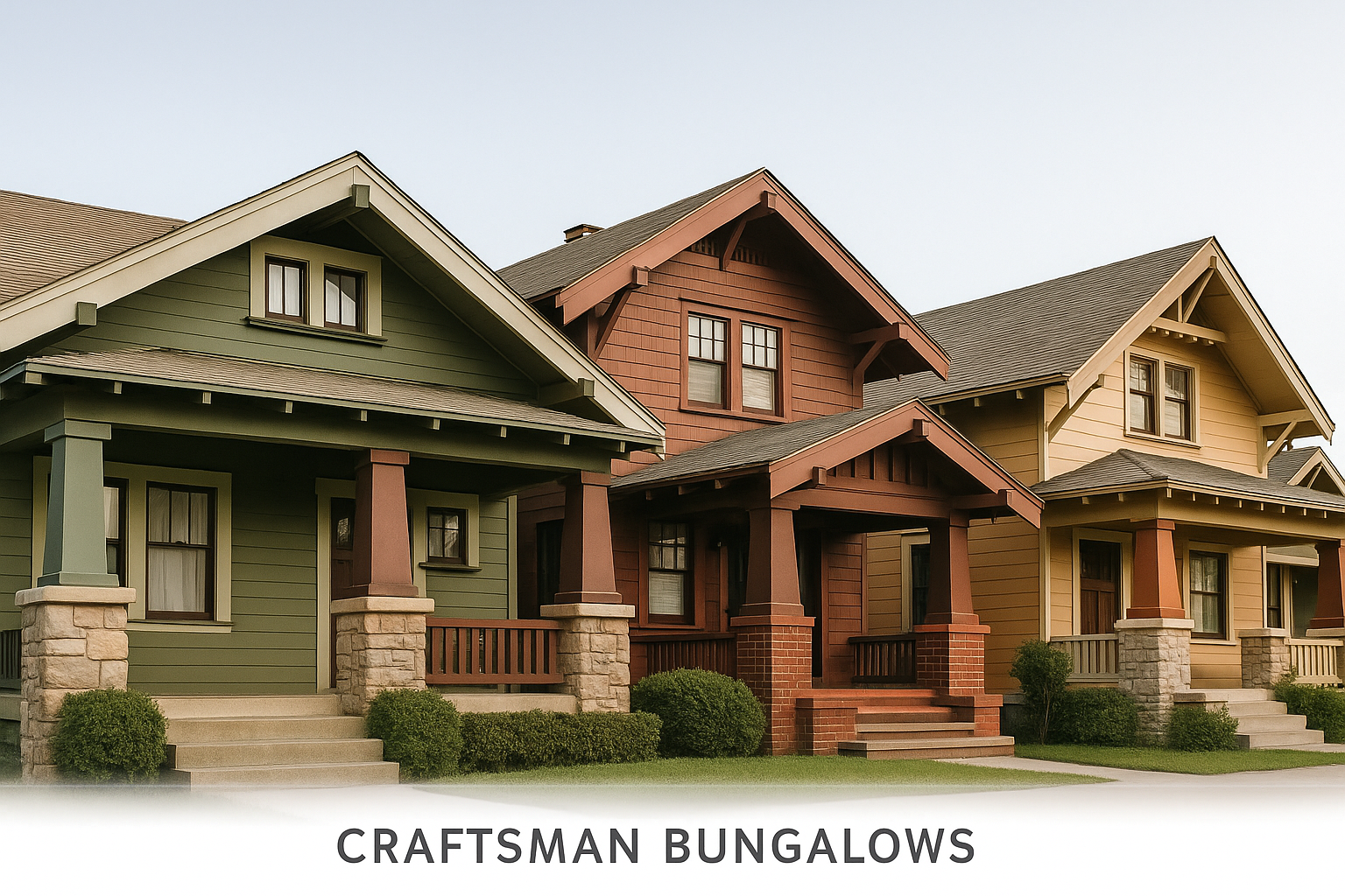 Craftsman bungalows from 1900s–1930s with deep porches, chunky posts, wide eaves, exposed rafters, and natural wood finishes.