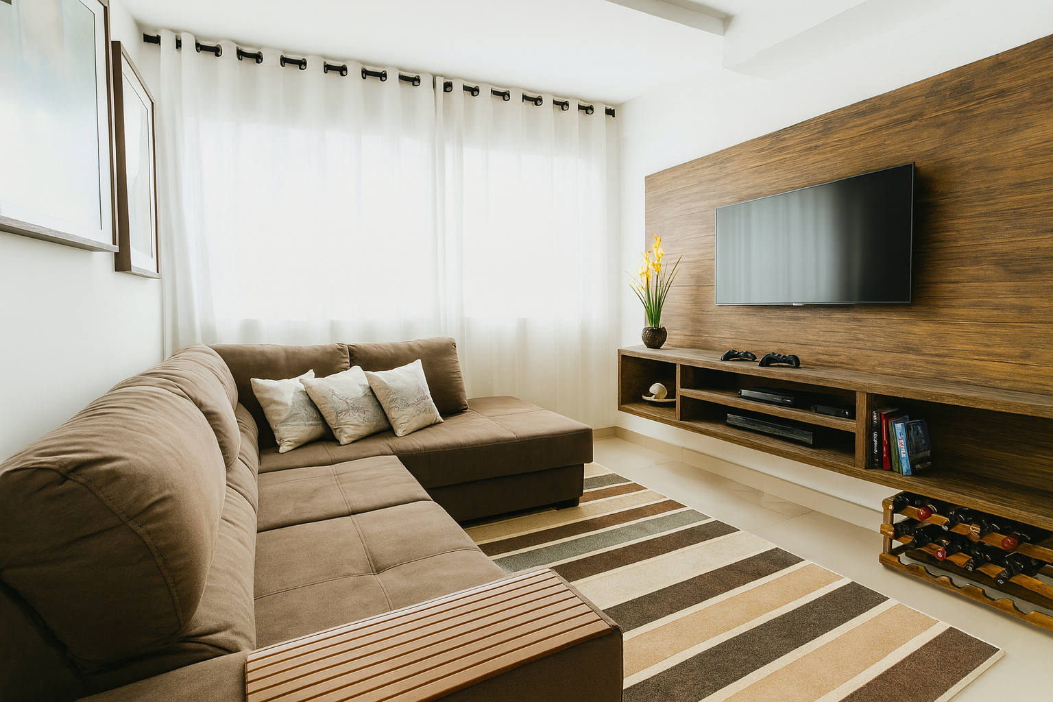Cramped living room with cluttered furniture and poor layout.