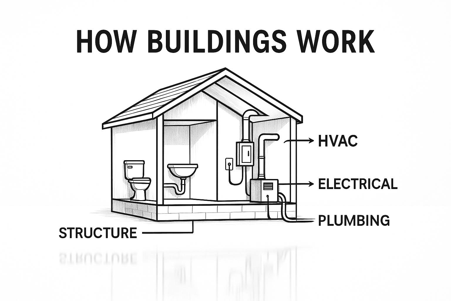 A sketch cutaway of a house with blue line outlines showing structure, plumbing, electrical, and HVAC systems.