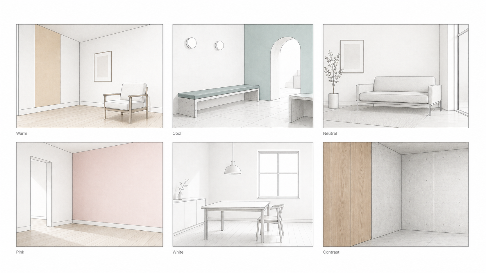 Interior color and material principles shown through warm, cool, neutral, pink, white, and contrast room studies.