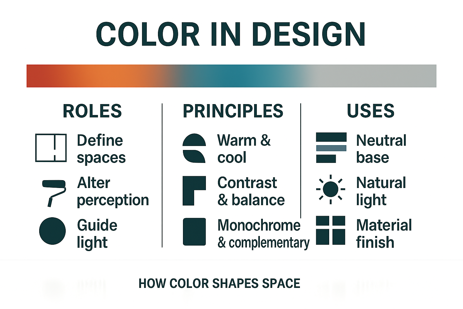 Infographic on color in architecture and interior design showing roles, principles, and uses of color in shaping space.