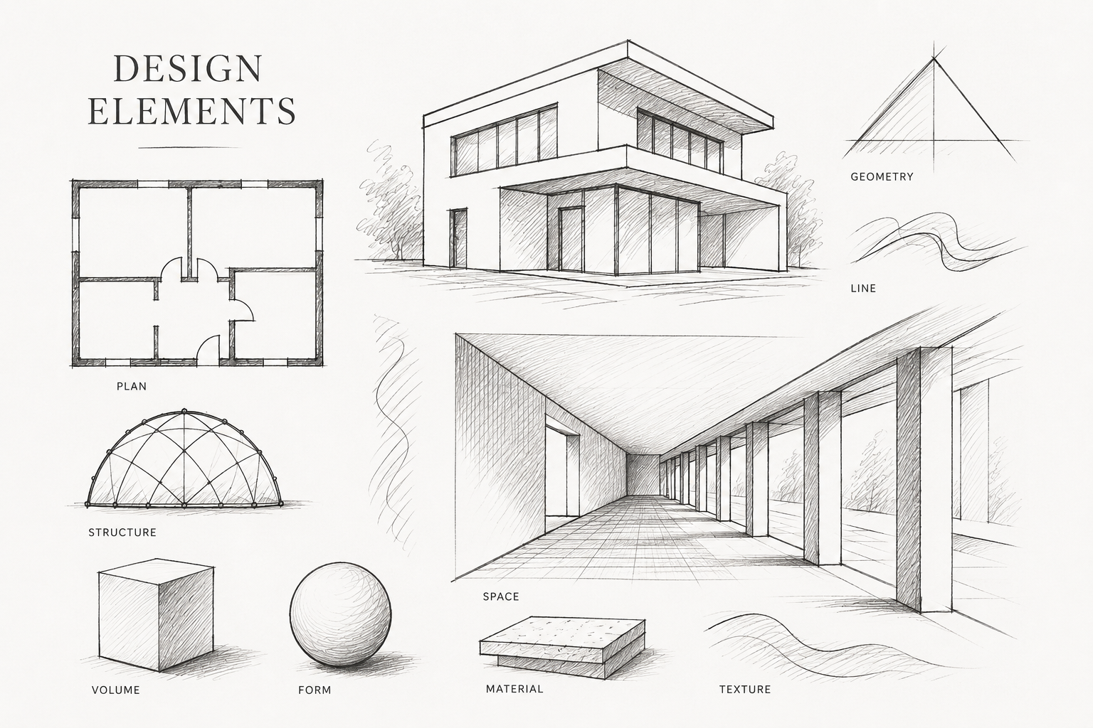 Architectural sketch board showing basic design elements including plan, structure, geometry, line, space, and texture.