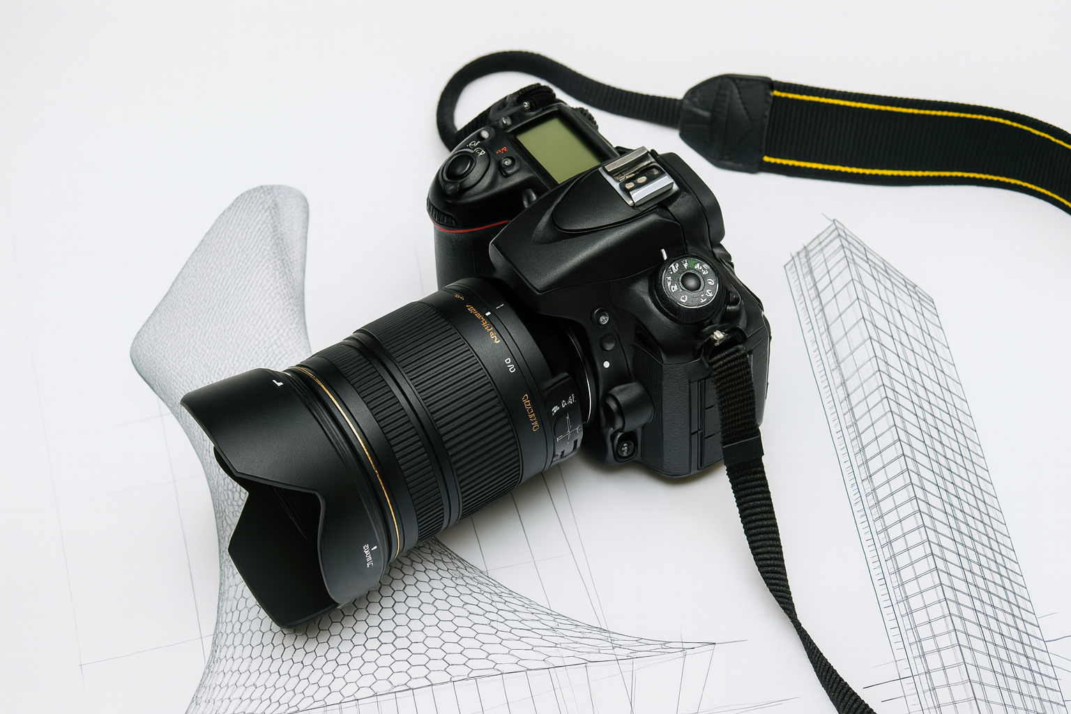DSLR camera placed over architectural sketches with modern building outlines.