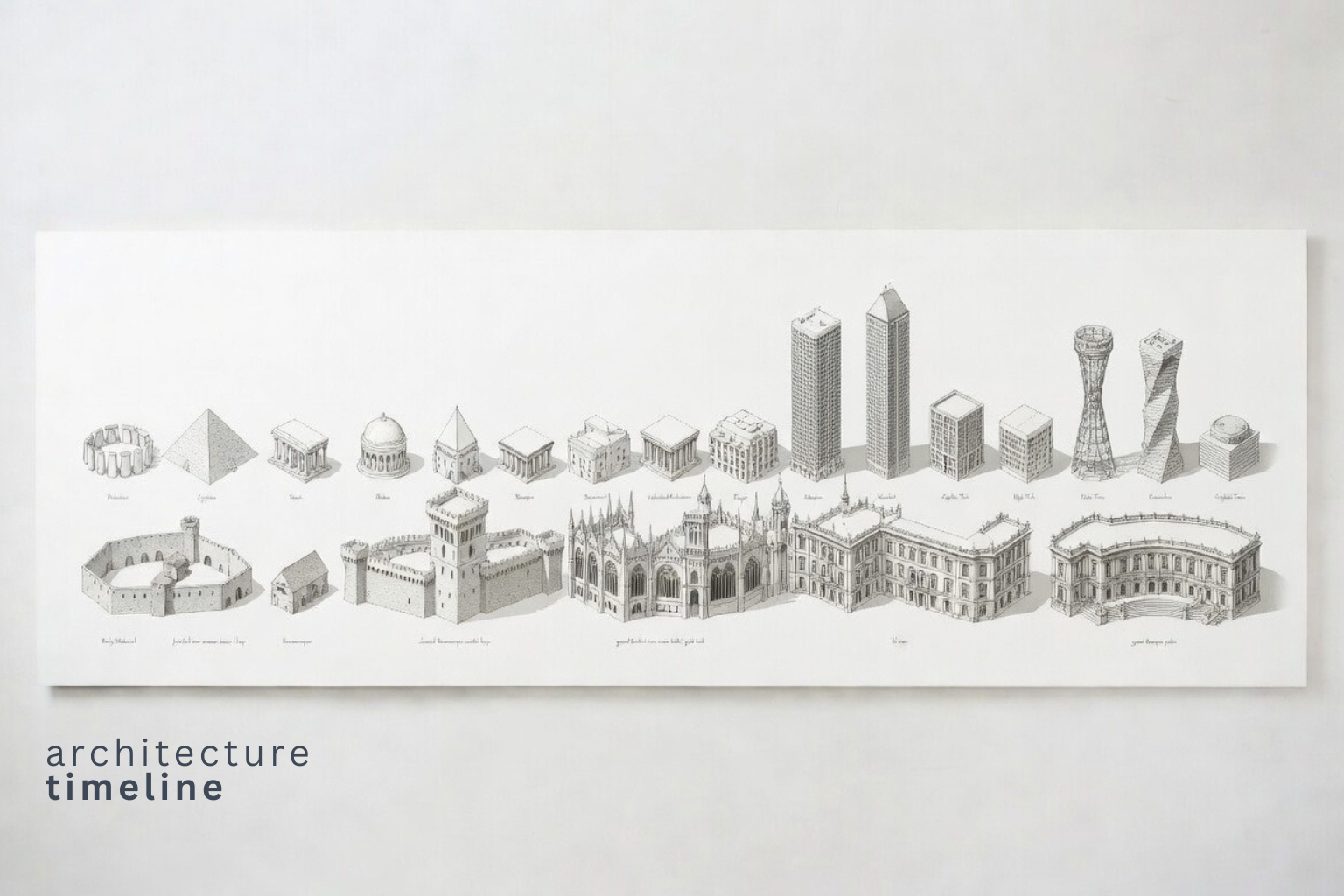 Timeline drawing of architectural eras from prehistoric building to classical, medieval, early modern, and contemporary forms.