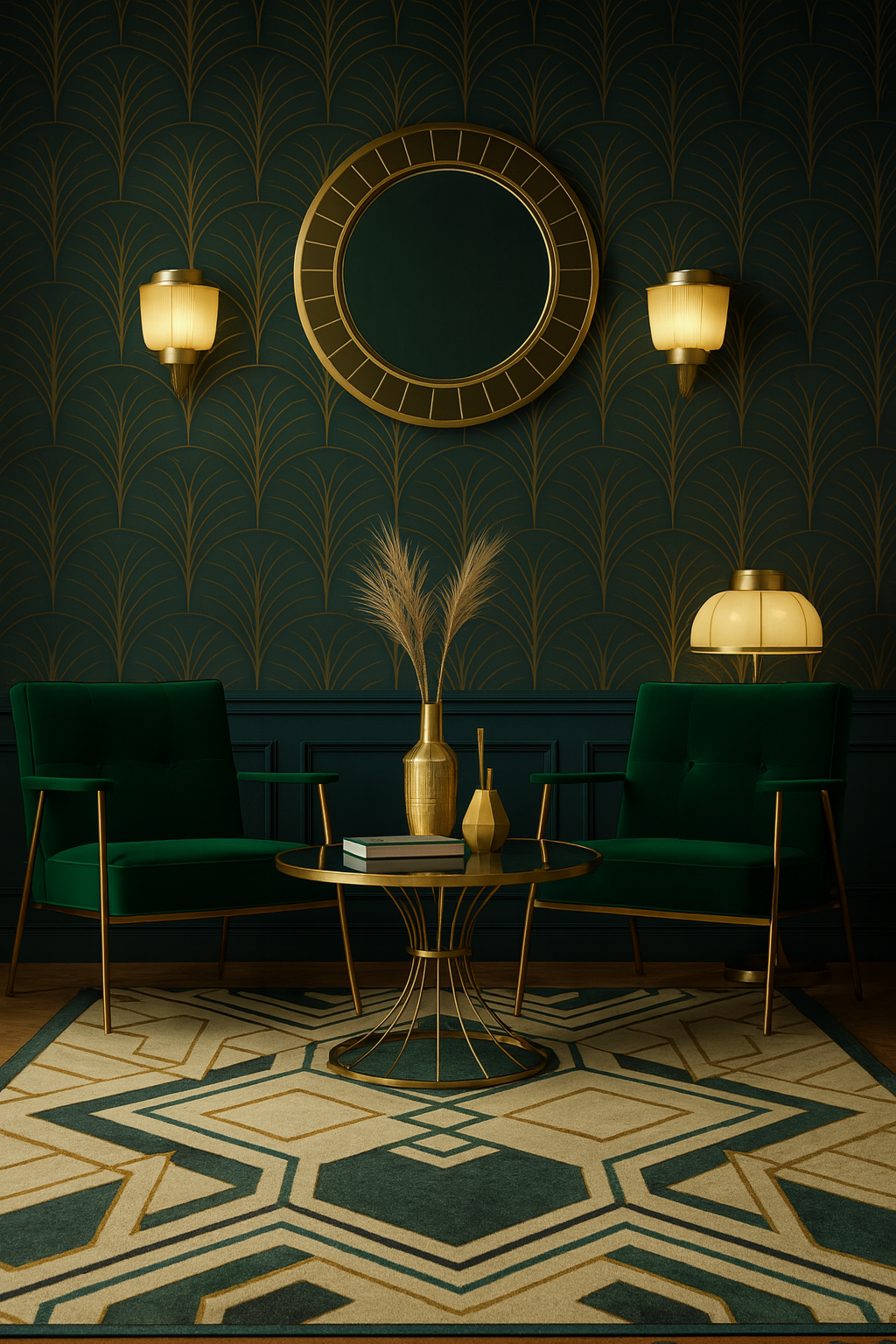 Completed Art Deco living room with symmetrical velvet chairs, brass coffee table, mirror, sconces, patterned rug, and parquet floor.