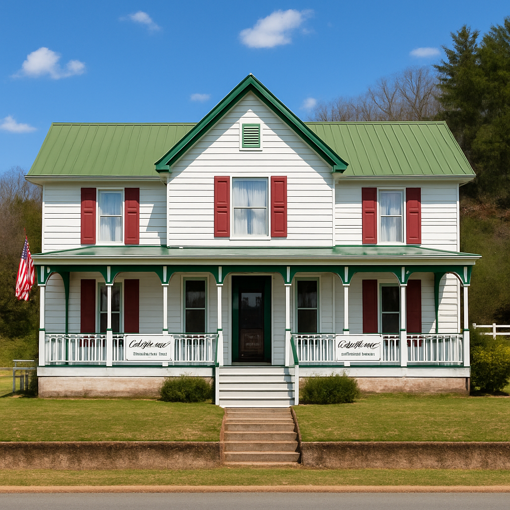 Restored 1890s Folk Victorian with green roof and red shutters.