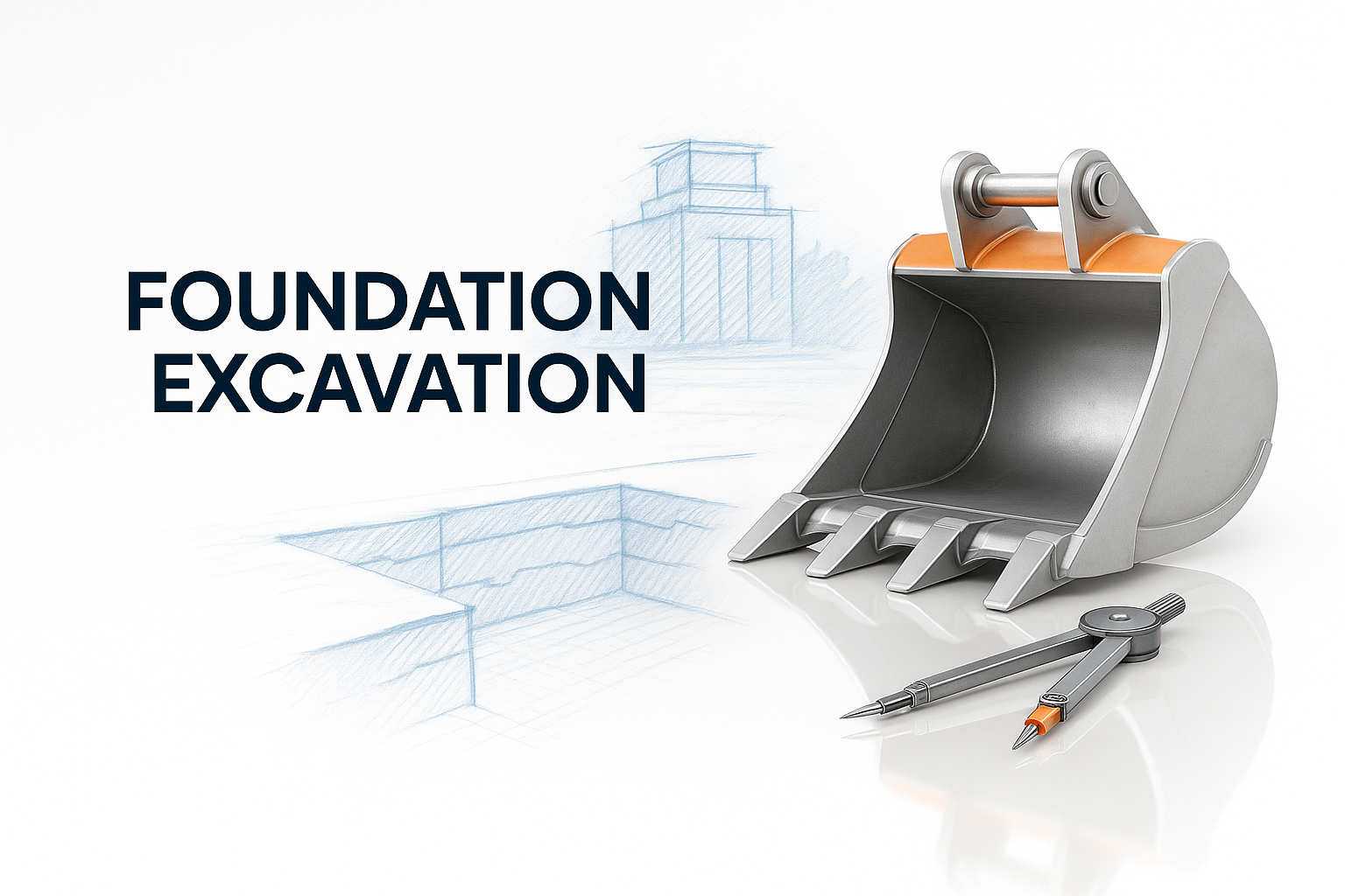 Excavator bucket, and drafting compass, symbolizing modern foundation excavation techniques.