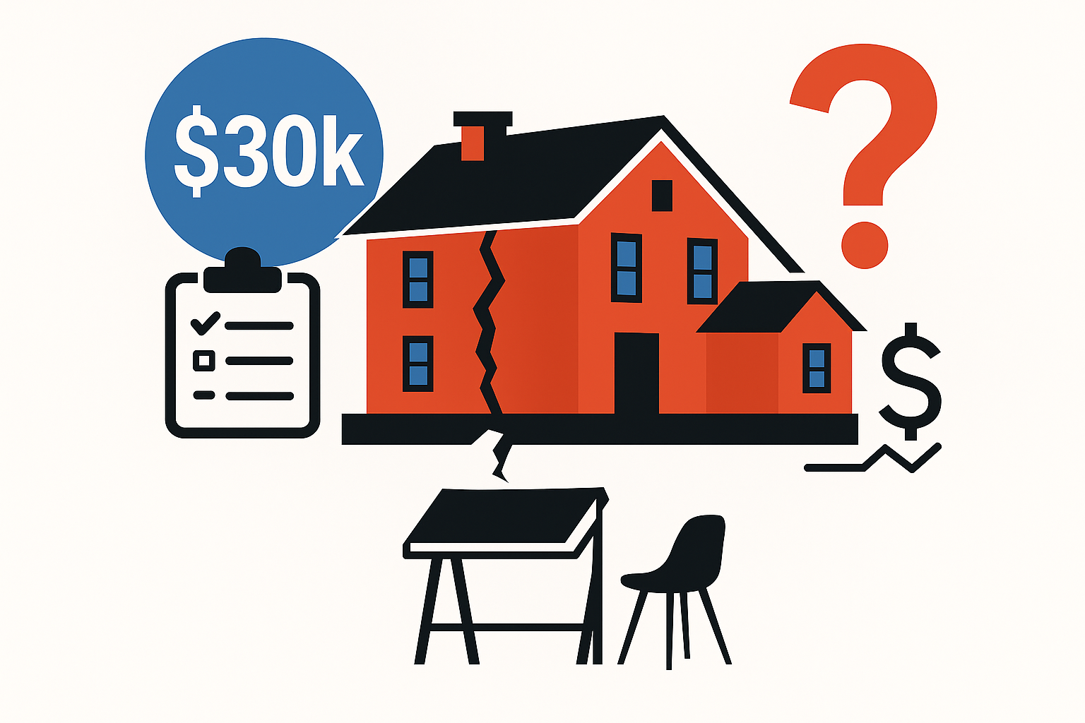 Illustration of a cracked house with $30k repair symbol and cost-related icons.