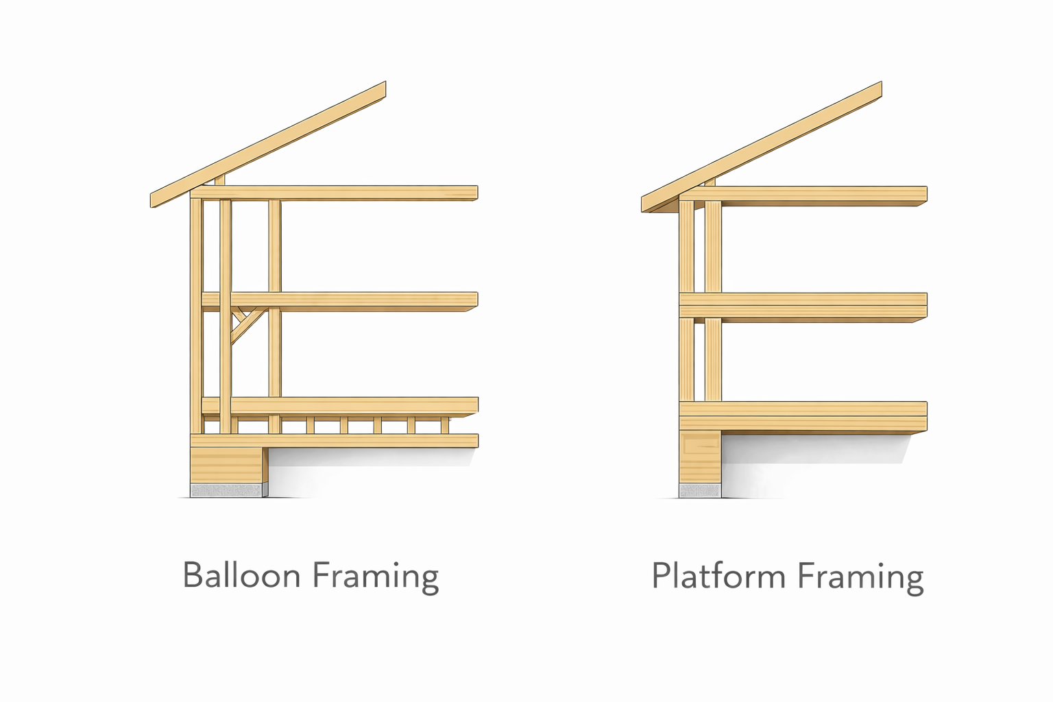 3D sketch diagram comparing balloon framing and platform framing methods.