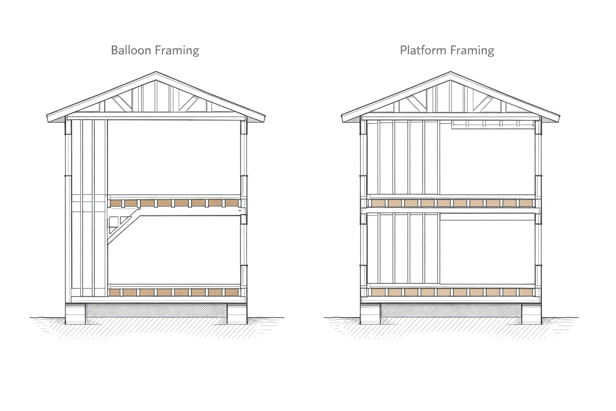 Wooden diagram comparing balloon framing and platform framing methods