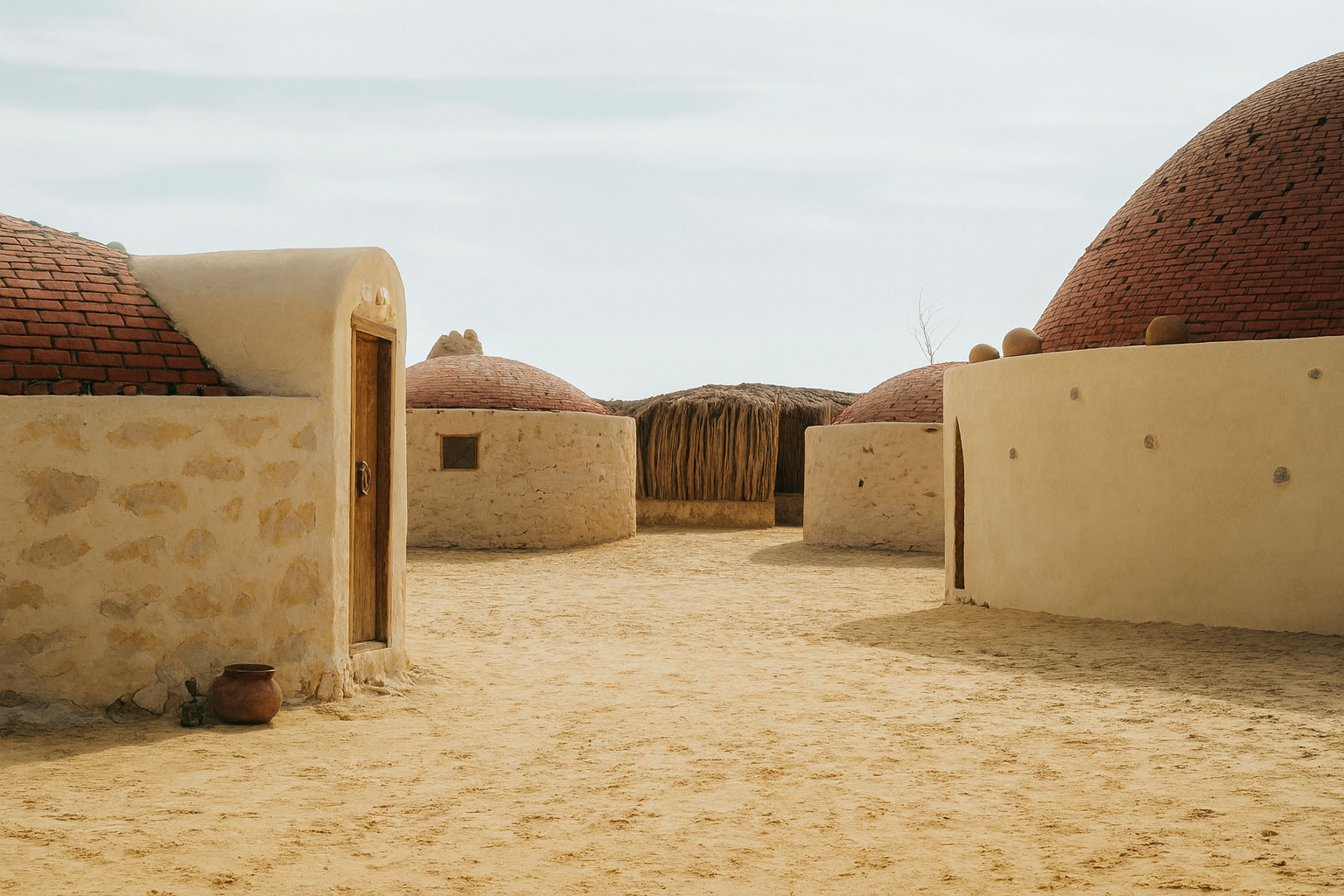 Traditional dome-roof clay houses in Giza desert village.