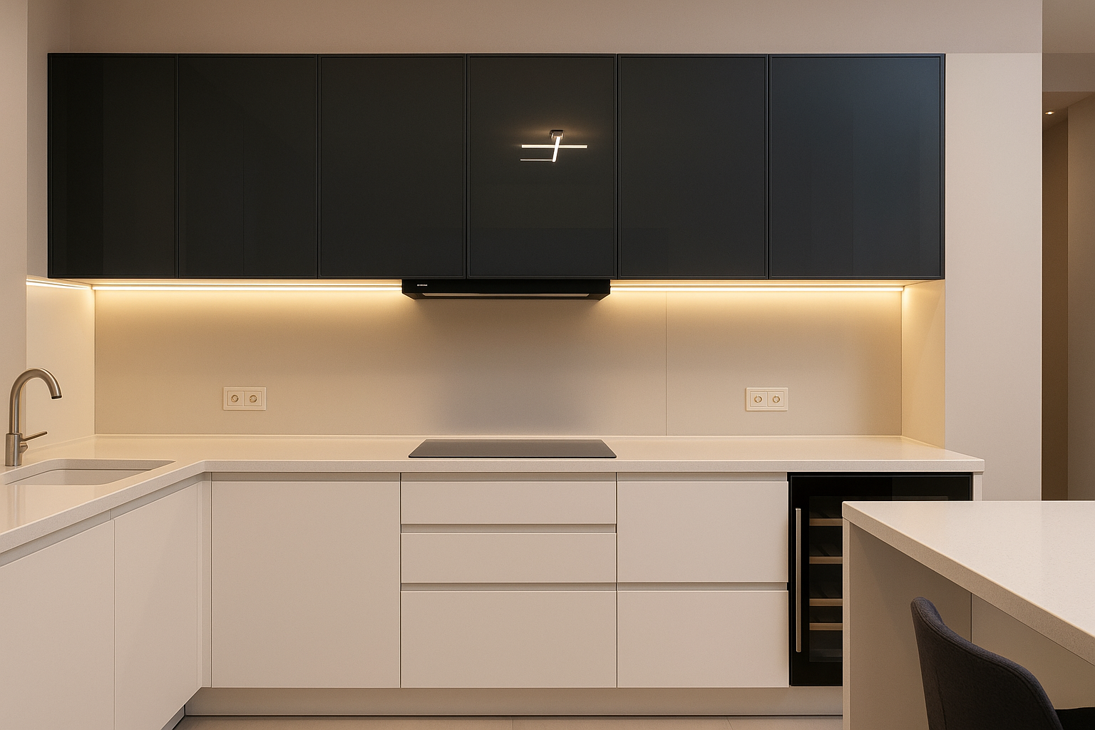 Premium modern kitchen with glossy black cabinets, and reflective white countertops.