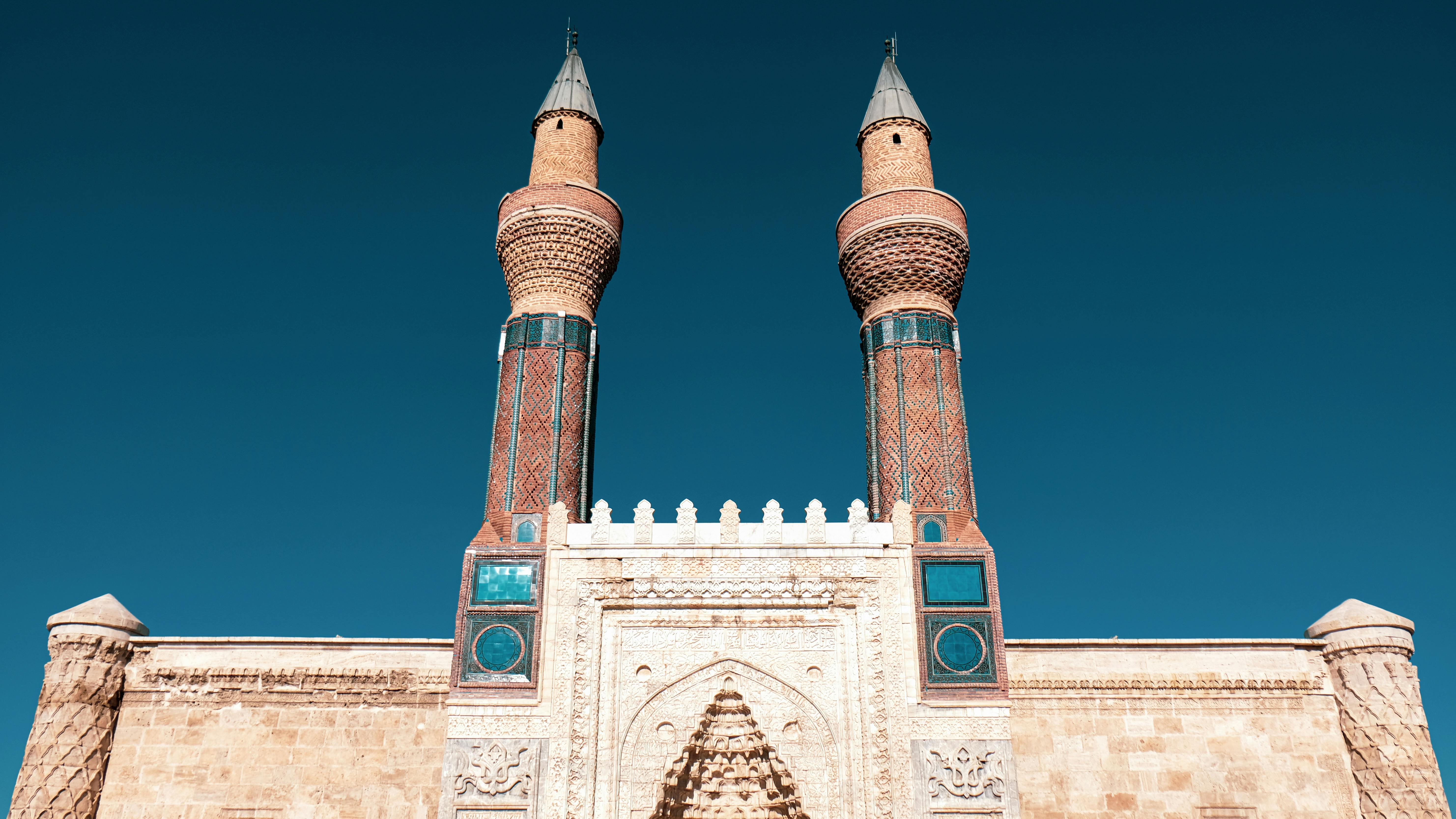 Minaret and facade of Gök Medrese in Sivas, Turkey.