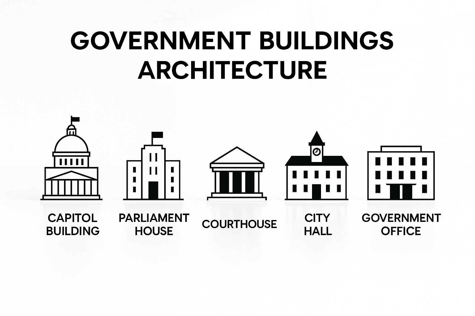 Infographic showing government building types Capitol, Parliament, Courthouse, City Hall, and Office.