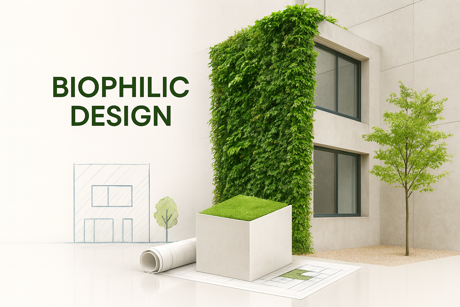 Green wall integrated with tiled facade.