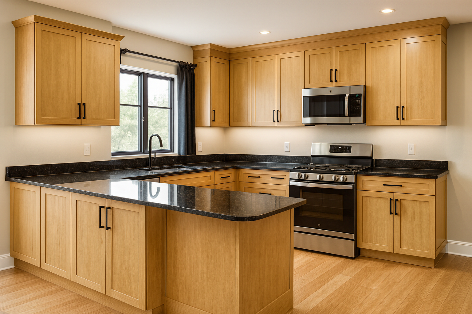 Modern honey oak kitchen with black granite countertops and updated cabinetry.