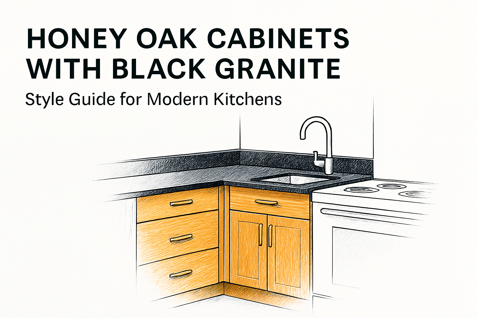 A modern kitchen sketch highlighting honey oak cabinets with black granite countertops.