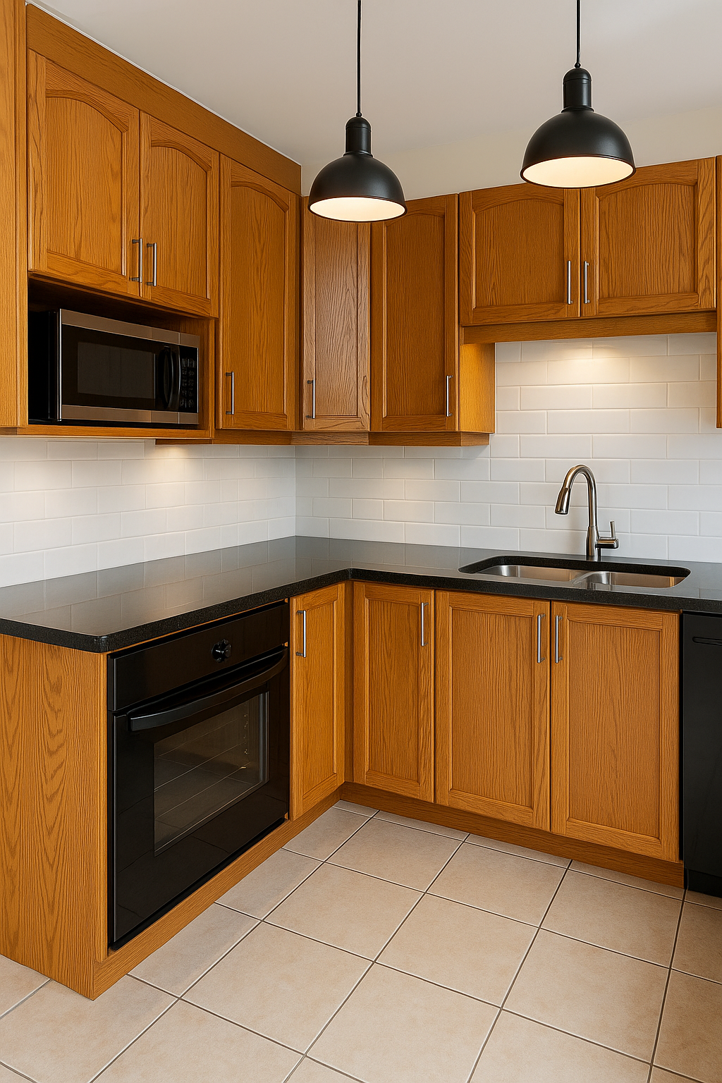 Modern kitchen with honey oak cabinets, black granite countertops, and glossy black appliances.